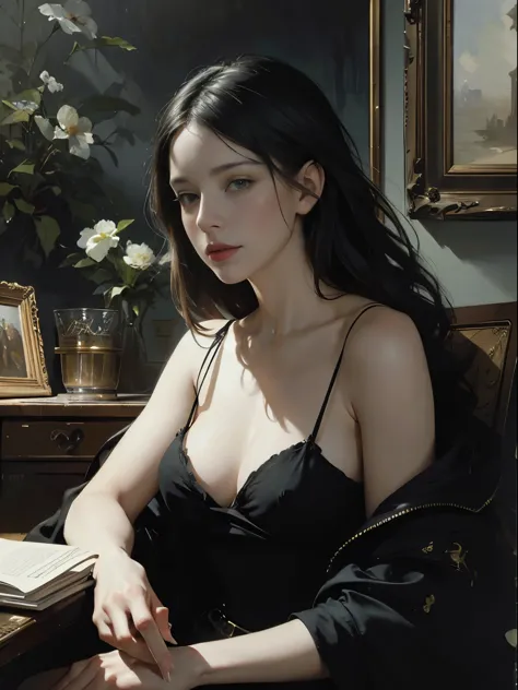 painting of woman, with influence of Jeremy Mann, Jeremy Mann, style of Jeremy Mann, Jeremy Mann painting, Jeremy Mann art, Ron Hicks, Liepke, Jeremy Mann and alphonse mucha, Works that influenced Edmund Blampid, robert lenkiewicz, Casey Baugh and James Je...