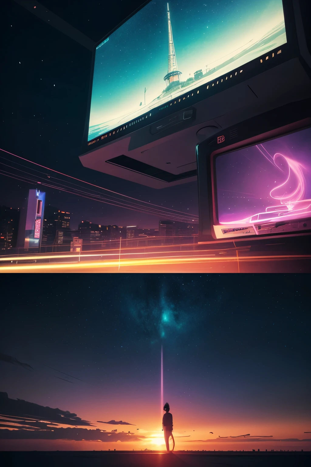 (best quality,4k,8k,highres,masterpiece:1.2),ultra-detailed,(realistic,photorealistic,photo-realistic:1.37),vaporwave aesthetic,purple-pink color palette,glitch effects,neon lights,misty atmosphere,surreal scenery,retro vibe,nostalgic feeling,80s-inspired,city skyline,smooth aesthetic,calm and dreamy,lo-fi vibes,retro arcade machines,elegant architecture,golden sunsets,reflective surfaces,sparkling stars,lush greenery,roman statues,vibrant colors,slow motion cinematography,vintage TV screens,starry sky,vibrant city lights,romantic sunset sail,serene ocean waves,soft pastel hues,modern cyberpunk elements,subtle holographic details,old school technology,80s fashion,cassette tapes,animated glitch art,ethereal music background,lonely urban exploration,cosmic energy,levitating objects,vaporwave music in the background,VR-friendly experience