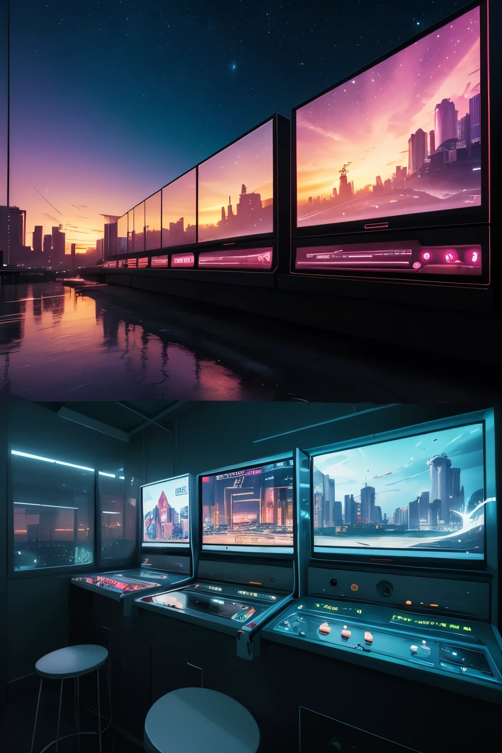 (best quality,4k,8k,highres,masterpiece:1.2),ultra-detailed,(realistic,photorealistic,photo-realistic:1.37),vaporwave aesthetic,purple-pink color palette,glitch effects,neon lights,misty atmosphere,surreal scenery,retro vibe,nostalgic feeling,80s-inspired,city skyline,smooth aesthetic,calm and dreamy,lo-fi vibes,retro arcade machines,elegant architecture,golden sunsets,reflective surfaces,sparkling stars,lush greenery,roman statues,vibrant colors,slow motion cinematography,vintage TV screens,starry sky,vibrant city lights,romantic sunset sail,serene ocean waves,soft pastel hues,modern cyberpunk elements,subtle holographic details,old school technology,80s fashion,cassette tapes,animated glitch art,ethereal music background,lonely urban exploration,cosmic energy,levitating objects,vaporwave music in the background,VR-friendly experience