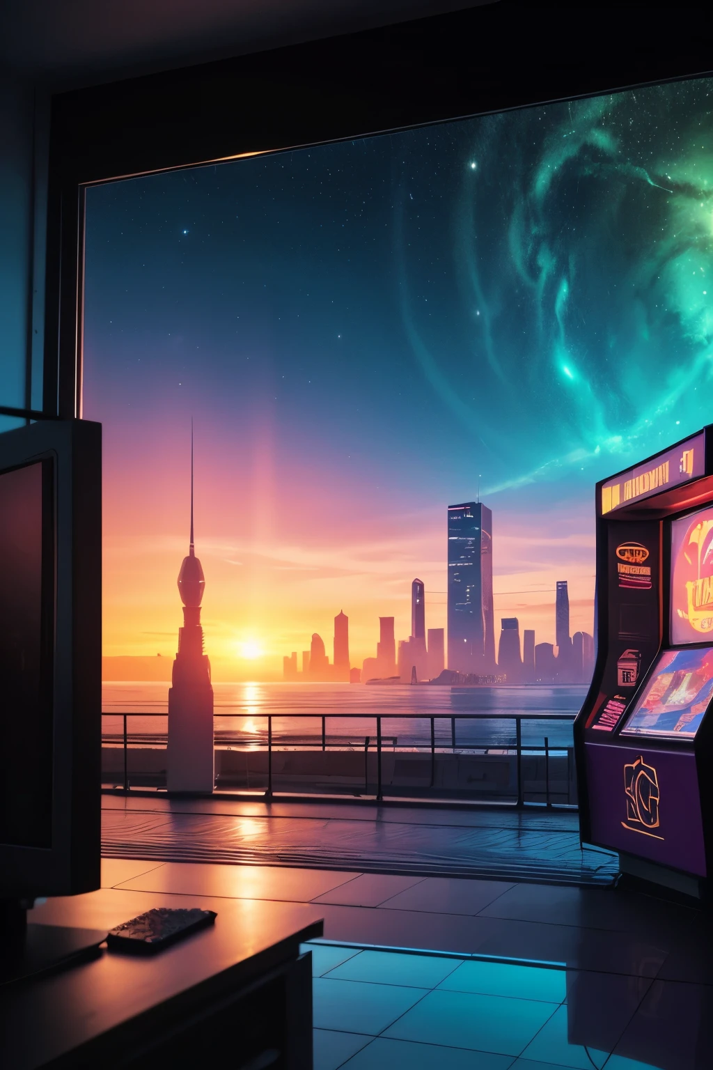 (best quality,4k,8k,highres,masterpiece:1.2),ultra-detailed,(realistic,photorealistic,photo-realistic:1.37),vaporwave aesthetic,purple-pink color palette,glitch effects,neon lights,misty atmosphere,surreal scenery,retro vibe,nostalgic feeling,80s-inspired,city skyline,smooth aesthetic,calm and dreamy,lo-fi vibes,retro arcade machines,elegant architecture,golden sunsets,reflective surfaces,sparkling stars,lush greenery,roman statues,vibrant colors,slow motion cinematography,vintage TV screens,starry sky,vibrant city lights,romantic sunset sail,serene ocean waves,soft pastel hues,modern cyberpunk elements,subtle holographic details,old school technology,80s fashion,cassette tapes,animated glitch art,ethereal music background,lonely urban exploration,cosmic energy,levitating objects,vaporwave music in the background,VR-friendly experience