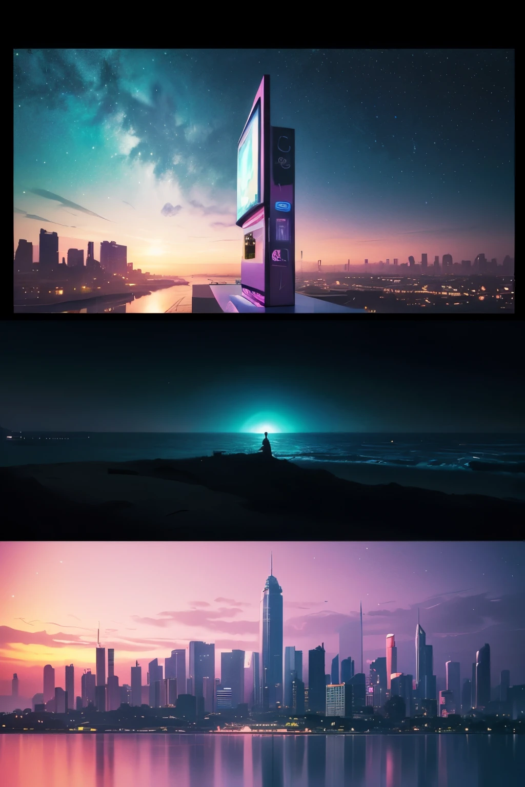 (best quality,4k,8k,highres,masterpiece:1.2),ultra-detailed,(realistic,photorealistic,photo-realistic:1.37),vaporwave aesthetic,purple-pink color palette,glitch effects,neon lights,misty atmosphere,surreal scenery,retro vibe,nostalgic feeling,80s-inspired,city skyline,smooth aesthetic,calm and dreamy,lo-fi vibes,retro arcade machines,elegant architecture,golden sunsets,reflective surfaces,sparkling stars,lush greenery,roman statues,vibrant colors,slow motion cinematography,vintage TV screens,starry sky,vibrant city lights,romantic sunset sail,serene ocean waves,soft pastel hues,modern cyberpunk elements,subtle holographic details,old school technology,80s fashion,cassette tapes,animated glitch art,ethereal music background,lonely urban exploration,cosmic energy,levitating objects,vaporwave music in the background,VR-friendly experience