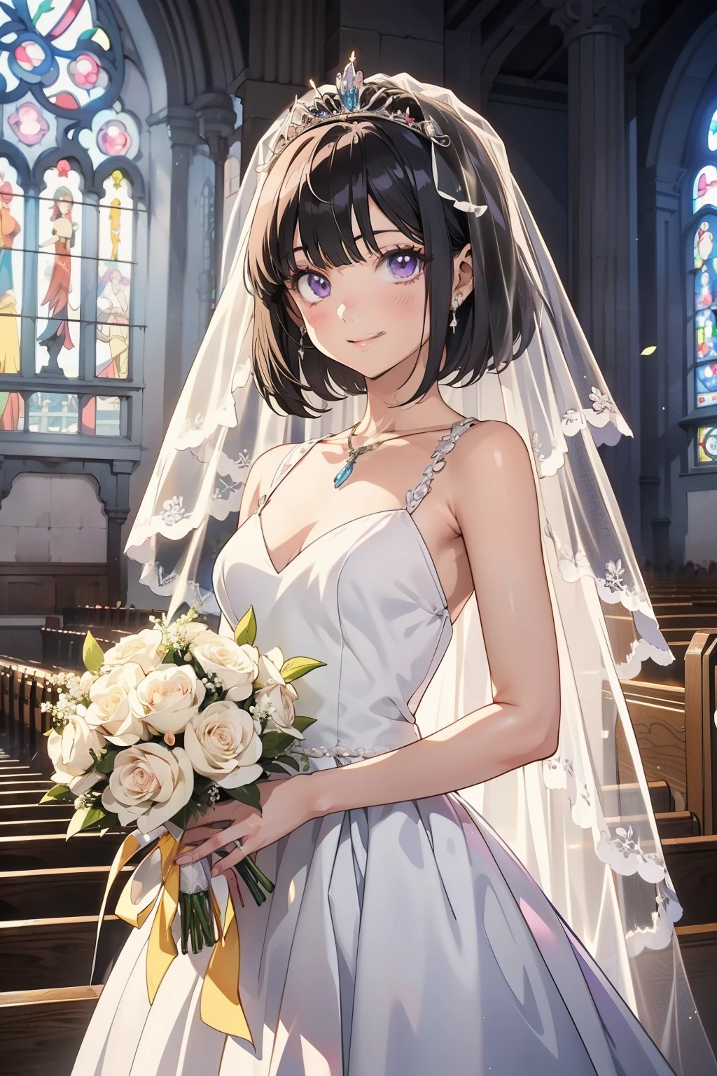 （masterpiece），（highest quality），（very detailed），（enlightenment），（ultra high resolution）, black hair, Anime adult woman wearing a white wedding dress, anime style, 2D rendering of an anime adult woman, realistic young anime adult woman, Smooth anime CG art, tiara, smile, purple eyes, small breasts, tall, Straight hair, short bob cut, slanted eyes, background is church, wedding veil, bouquet,