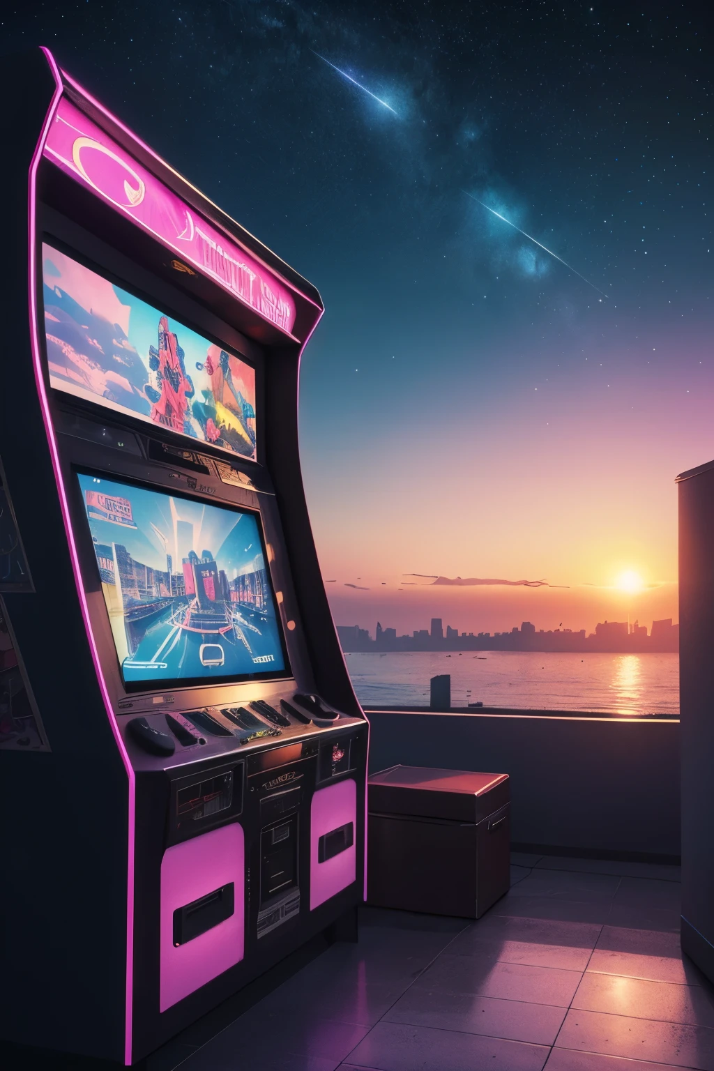 (best quality,4k,8k,highres,masterpiece:1.2),ultra-detailed,(realistic,photorealistic,photo-realistic:1.37),vaporwave aesthetic,purple-pink color palette,glitch effects,neon lights,misty atmosphere,surreal scenery,retro vibe,nostalgic feeling,80s-inspired,city skyline,smooth aesthetic,calm and dreamy,lo-fi vibes,retro arcade machines,elegant architecture,golden sunsets,reflective surfaces,sparkling stars,lush greenery,roman statues,vibrant colors,slow motion cinematography,vintage TV screens,starry sky,vibrant city lights,romantic sunset sail,serene ocean waves,soft pastel hues,modern cyberpunk elements,subtle holographic details,old school technology,80s fashion,cassette tapes,animated glitch art,ethereal music background,lonely urban exploration,cosmic energy,levitating objects,vaporwave music in the background,VR-friendly experience