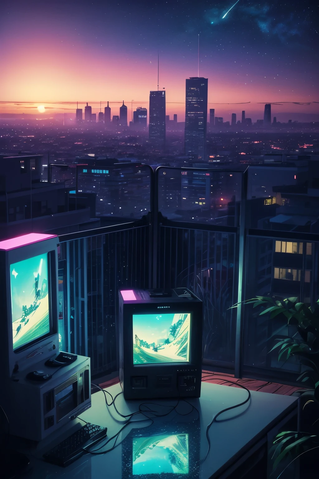 (best quality,4k,8k,highres,masterpiece:1.2),ultra-detailed,(realistic,photorealistic,photo-realistic:1.37),vaporwave aesthetic,purple-pink color palette,glitch effects,neon lights,misty atmosphere,surreal scenery,retro vibe,nostalgic feeling,80s-inspired,city skyline,smooth aesthetic,calm and dreamy,lo-fi vibes,retro arcade machines,elegant architecture,golden sunsets,reflective surfaces,sparkling stars,lush greenery,roman statues,vibrant colors,slow motion cinematography,vintage TV screens,starry sky,vibrant city lights,romantic sunset sail,serene ocean waves,soft pastel hues,modern cyberpunk elements,subtle holographic details,old school technology,80s fashion,cassette tapes,animated glitch art,ethereal music background,lonely urban exploration,cosmic energy,levitating objects,vaporwave music in the background,VR-friendly experience