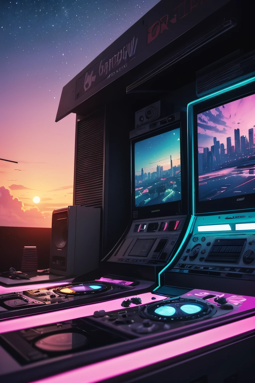 (best quality,4k,8k,highres,masterpiece:1.2),ultra-detailed,(realistic,photorealistic,photo-realistic:1.37),vaporwave aesthetic,purple-pink color palette,glitch effects,neon lights,misty atmosphere,surreal scenery,retro vibe,nostalgic feeling,80s-inspired,city skyline,smooth aesthetic,calm and dreamy,lo-fi vibes,retro arcade machines,elegant architecture,golden sunsets,reflective surfaces,sparkling stars,lush greenery,roman statues,vibrant colors,slow motion cinematography,vintage TV screens,starry sky,vibrant city lights,romantic sunset sail,serene ocean waves,soft pastel hues,modern cyberpunk elements,subtle holographic details,old school technology,80s fashion,cassette tapes,animated glitch art,ethereal music background,lonely urban exploration,cosmic energy,levitating objects,vaporwave music in the background,VR-friendly experience