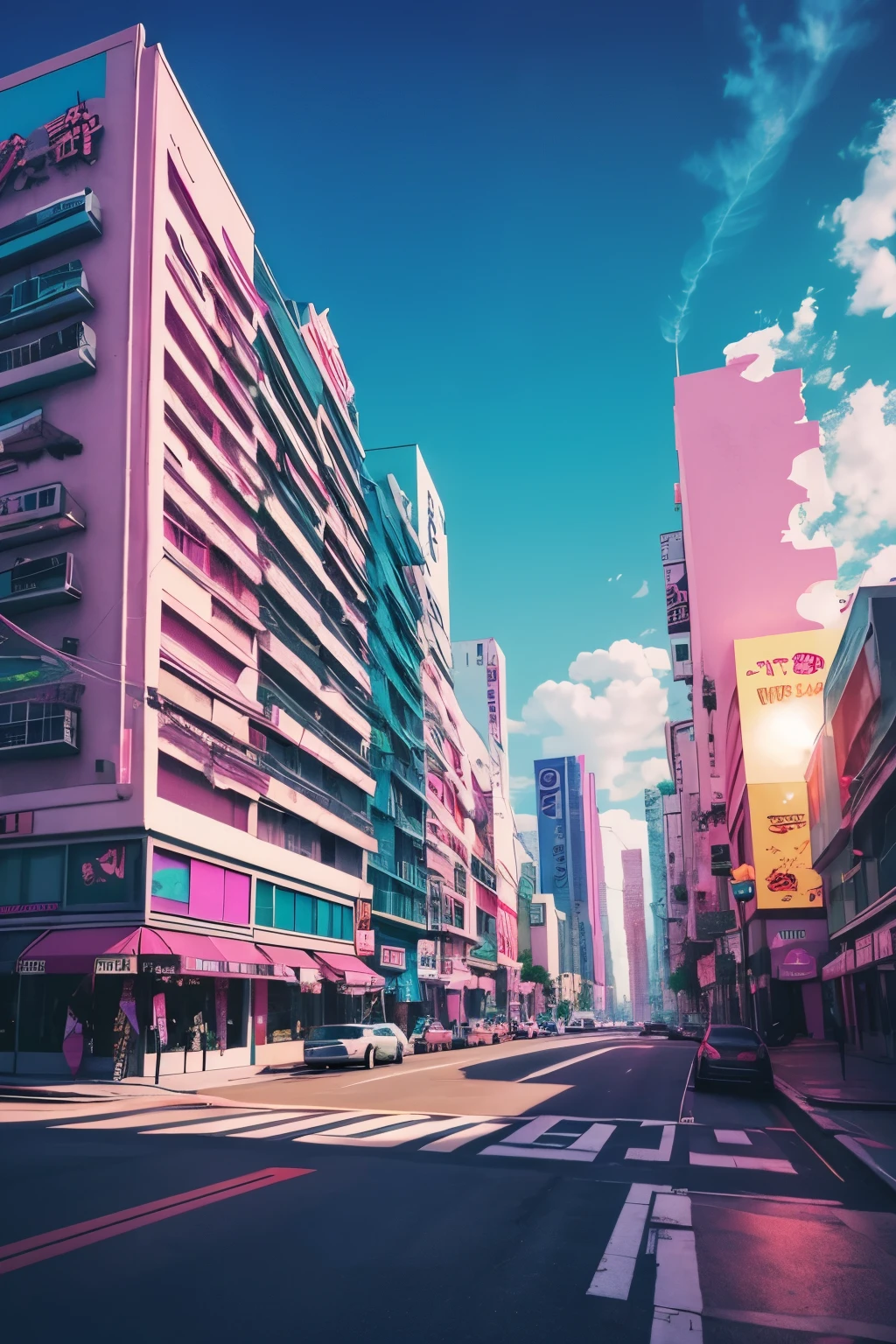 (best quality,4k,8k,highres,masterpiece:1.2),ultra-detailed,(realistic,photorealistic,photo-realistic:1.37),vaporwave aesthetic,purple-pink color palette,glitch effects,neon lights,misty atmosphere,surreal scenery,retro vibe,nostalgic feeling,80s-inspired,city skyline,smooth aesthetic,calm and dreamy,lo-fi vibes,retro arcade machines,elegant architecture,golden sunsets,reflective surfaces,sparkling stars,lush greenery,roman statues,vibrant colors,slow motion cinematography,vintage TV screens,starry sky,vibrant city lights,romantic sunset sail,serene ocean waves,soft pastel hues,modern cyberpunk elements,subtle holographic details,old school technology,80s fashion,cassette tapes,animated glitch art,ethereal music background,lonely urban exploration,cosmic energy,levitating objects,vaporwave music in the background,VR-friendly experience