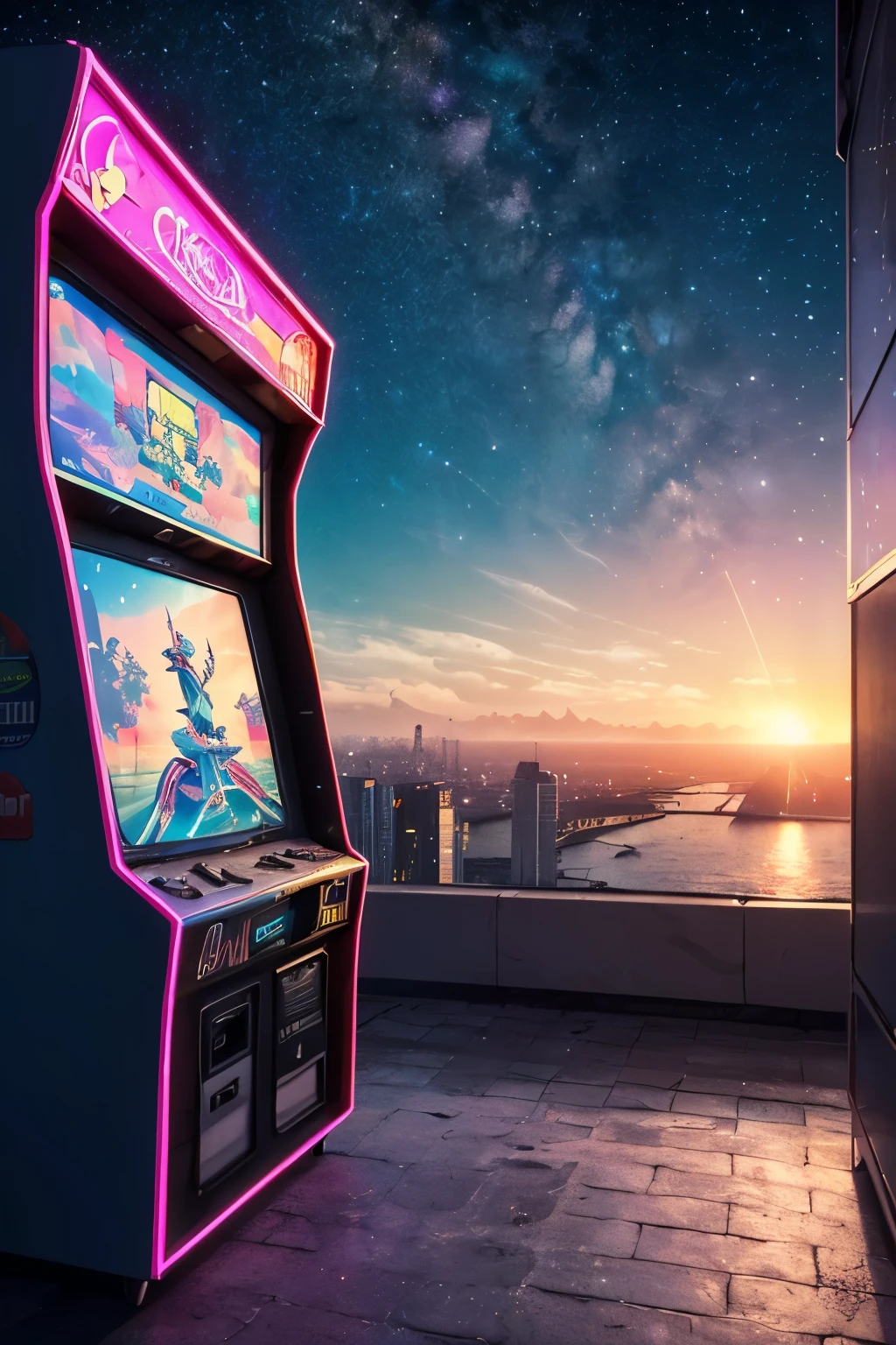 (best quality,4k,8k,highres,masterpiece:1.2),ultra-detailed,(realistic,photorealistic,photo-realistic:1.37),vaporwave aesthetic,purple-pink color palette,glitch effects,neon lights,misty atmosphere,surreal scenery,retro vibe,nostalgic feeling,80s-inspired,city skyline,smooth aesthetic,calm and dreamy,lo-fi vibes,retro arcade machines,elegant architecture,golden sunsets,reflective surfaces,sparkling stars,lush greenery,roman statues,vibrant colors,slow motion cinematography,vintage TV screens,starry sky,vibrant city lights,romantic sunset sail,serene ocean waves,soft pastel hues,modern cyberpunk elements,subtle holographic details,old school technology,80s fashion,cassette tapes,animated glitch art,ethereal music background,lonely urban exploration,cosmic energy,levitating objects,vaporwave music in the background,VR-friendly experience