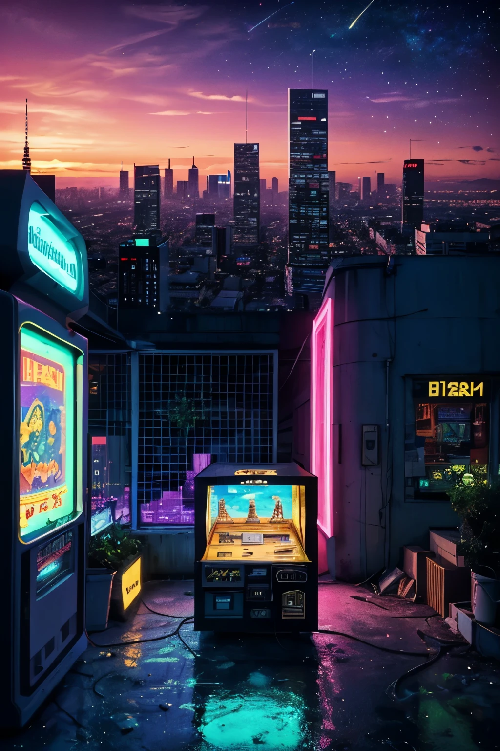 (best quality,4k,8k,highres,masterpiece:1.2),ultra-detailed,(realistic,photorealistic,photo-realistic:1.37),vaporwave aesthetic,purple-pink color palette,glitch effects,neon lights,misty atmosphere,surreal scenery,retro vibe,nostalgic feeling,80s-inspired,city skyline,smooth aesthetic,calm and dreamy,lo-fi vibes,retro arcade machines,elegant architecture,golden sunsets,reflective surfaces,sparkling stars,lush greenery,roman statues,vibrant colors,slow motion cinematography,vintage TV screens,starry sky,vibrant city lights,romantic sunset sail,serene ocean waves,soft pastel hues,modern cyberpunk elements,subtle holographic details,old school technology,80s fashion,cassette tapes,animated glitch art,ethereal music background,lonely urban exploration,cosmic energy,levitating objects,vaporwave music in the background,VR-friendly experience