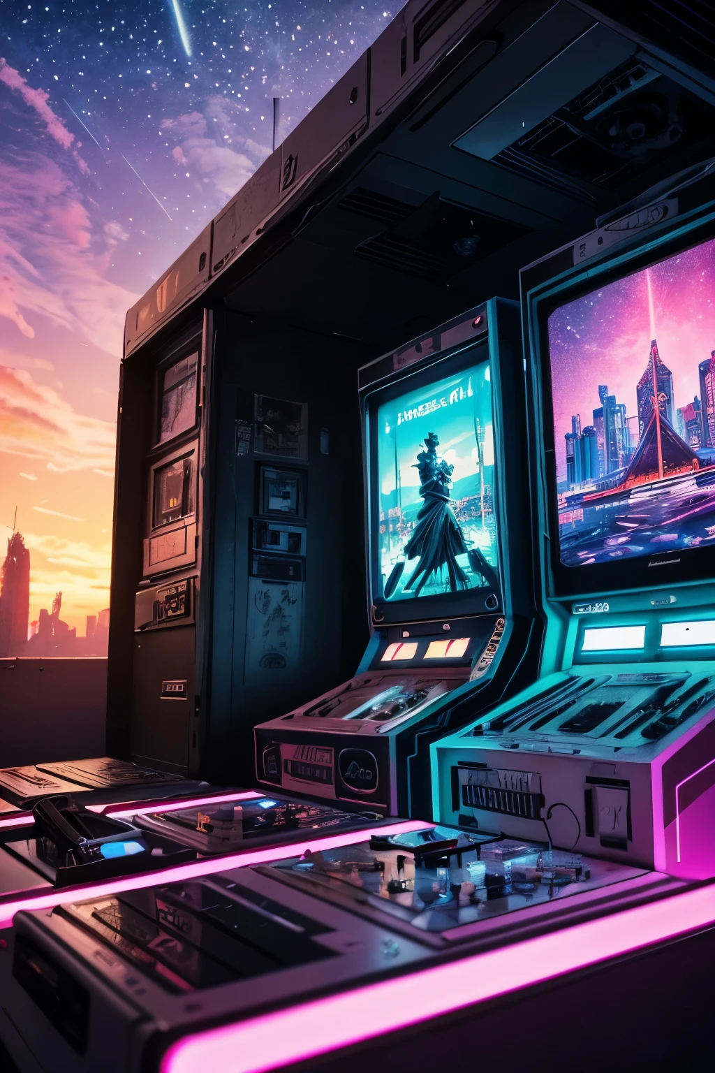 (best quality,4k,8k,highres,masterpiece:1.2),ultra-detailed,(realistic,photorealistic,photo-realistic:1.37),vaporwave aesthetic,purple-pink color palette,glitch effects,neon lights,misty atmosphere,surreal scenery,retro vibe,nostalgic feeling,80s-inspired,city skyline,smooth aesthetic,calm and dreamy,lo-fi vibes,retro arcade machines,elegant architecture,golden sunsets,reflective surfaces,sparkling stars,lush greenery,roman statues,vibrant colors,slow motion cinematography,vintage TV screens,starry sky,vibrant city lights,romantic sunset sail,serene ocean waves,soft pastel hues,modern cyberpunk elements,subtle holographic details,old school technology,80s fashion,cassette tapes,animated glitch art,ethereal music background,lonely urban exploration,cosmic energy,levitating objects,vaporwave music in the background,VR-friendly experience