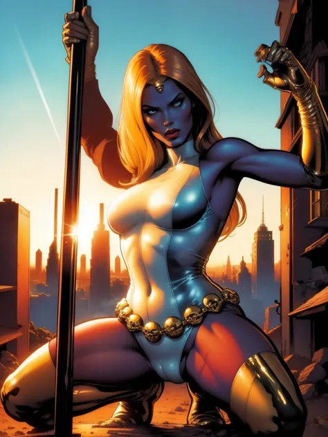 (((COMIC STYLE, CARTOON ART))), cinematic. 01 girl, solo, lonly, 16yo, A comic-style image of Mystique member of the X-Men (((posing SESUALLY for the photo))), look at the camera, sesual pose.  A woman with blue skin wearing a hot trasparent white dress.  ...