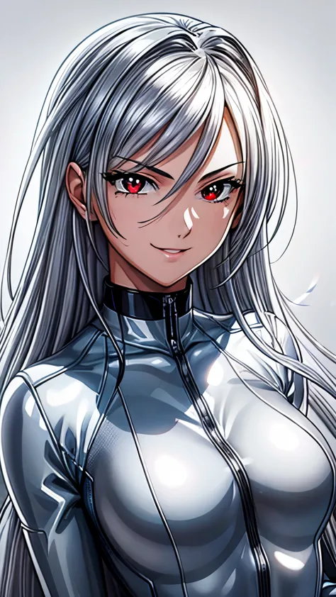 (masterpiece, best quality, ultra-detailed, highres, illustration:0.8), 5 8K UHD, silver latex suit, Beauty with shiny silver la...