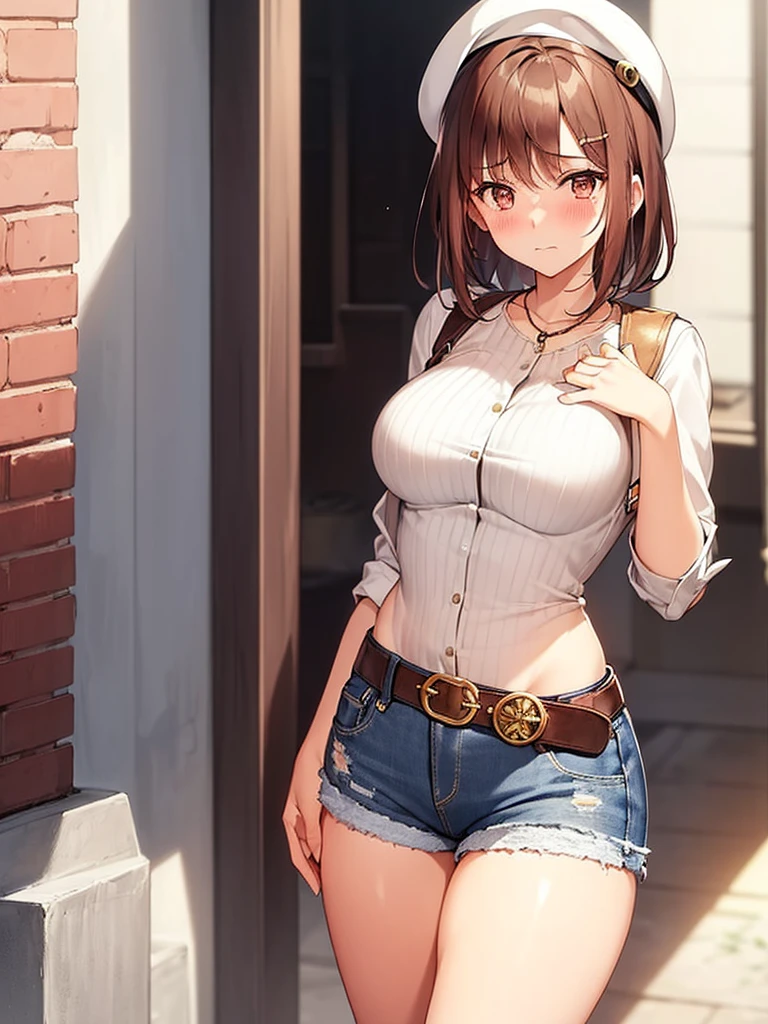 ((blush:1.2)), 1 girl, beret, ((white shirt)), denim shorts, over the knee boots, Look like you&#39;re about to cry, thighs, ((long slender legs)), ((thin waist)), ((thin and large breasts)), big breasts, Close your legs, movement is small, Beautiful woman, (highest quality, High resolution)