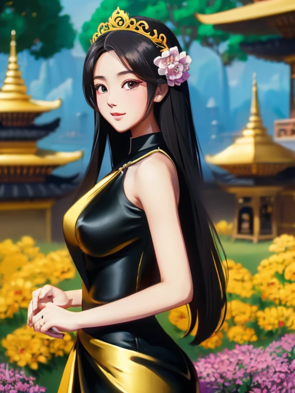 obra de arte, melhor qualidade, Garota, Sozinho, ((mulher madura)),, long cabelo, cabelo, princess, black vestir(vestir) (golden vestir) fantasia, feliz, Olhando para o visualizador, Desenho animado, anime, (pintura a óleo)Burmese Garota, 1, Fundo de visualização do gráfico de pagode, limpar HD 8k