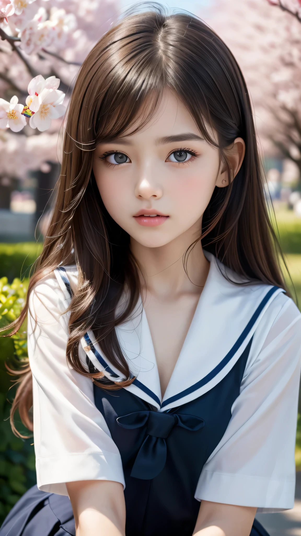 (1young girl), Amazing face and eyes, (amazingly beautiful girl), (Best Quality:1.4), (Ultra-detailed), (extremely detailed CG unified 8k wallpaper), Highly detailed, High-definition raw color photos, Professional Photography, sailor uniform, school uniform, School, Spring, cherry blossoms,