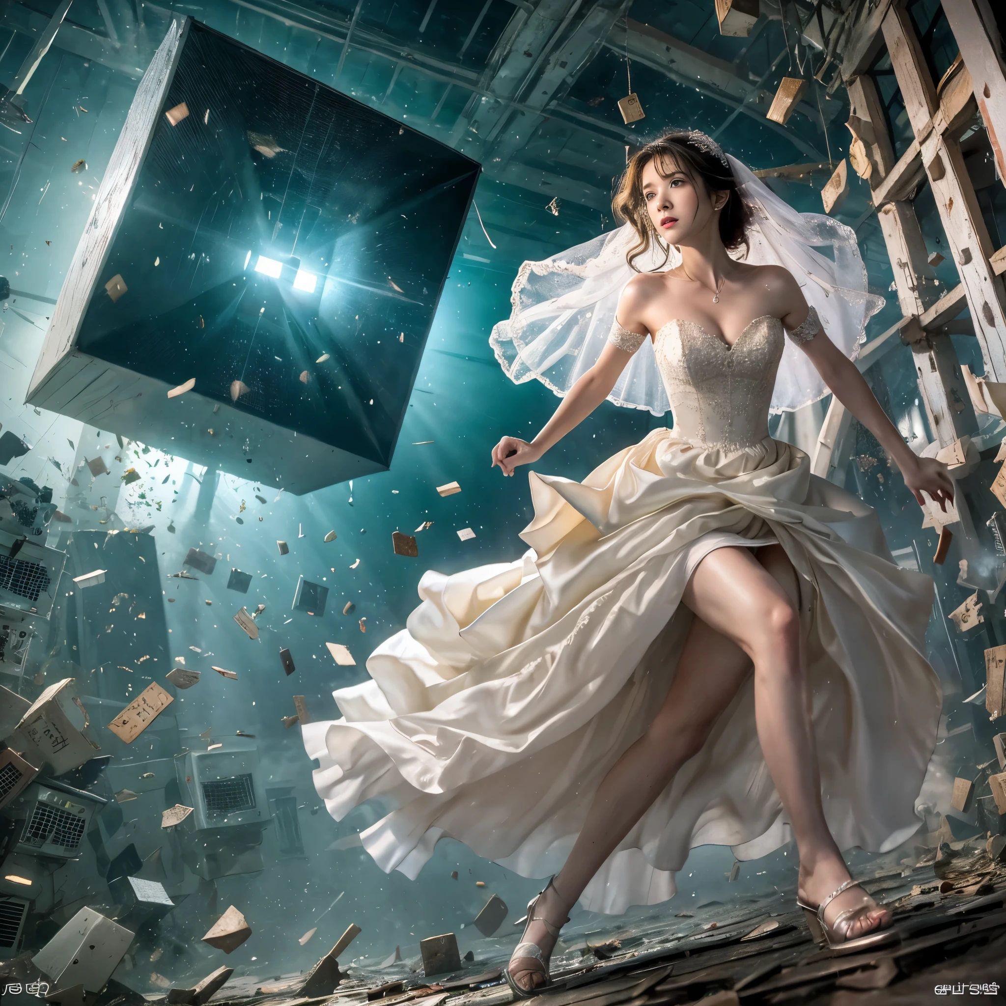 (RAW photo:1.2), (realistic), beautiful detailed girl, very detailed eyes and face, beautiful and detailed eyes, huge file size, High resolution, very detailed, highest quality, [table top:1.6], shape, very detailed, small details, highest quality, 8k wallpaper, movie lighting,Woman in wedding dress, Mysterious cube-shaped flying object, Destroyed world, Fleeing Woman, fight bravely, Desolate world, running, White wedding dress, disaster々new cube, look of fear, slender body, young face, immature body, feet exposed, white high heels