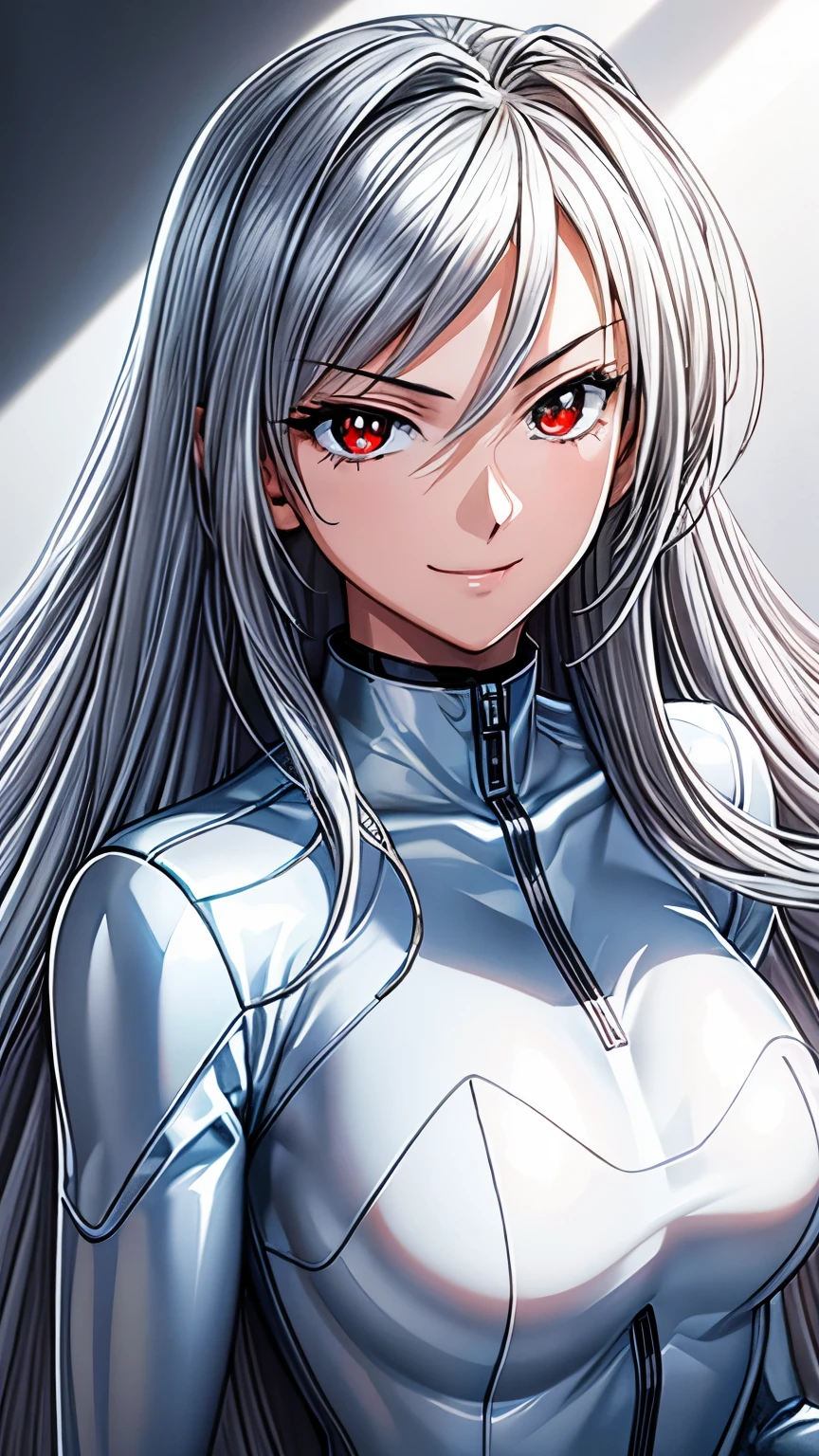 (masterpiece, best quality, ultra-detailed, highres, illustration:0.8), 5 8K UHD, silver latex suit, Beauty with shiny silver latex suit with hidden skin, (Upper body:1.0), extremely detailed wallpaper, official art, amazing, high detail, ultra-detailed, extremely detailed 8k wallpaper, wide shot, bright silver hair, red eyes with slit pupils, (white background:1.3), (1girl, solo), sexy, perfect anatomy, beautiful face, (light_Smile:1.0), nose blush,