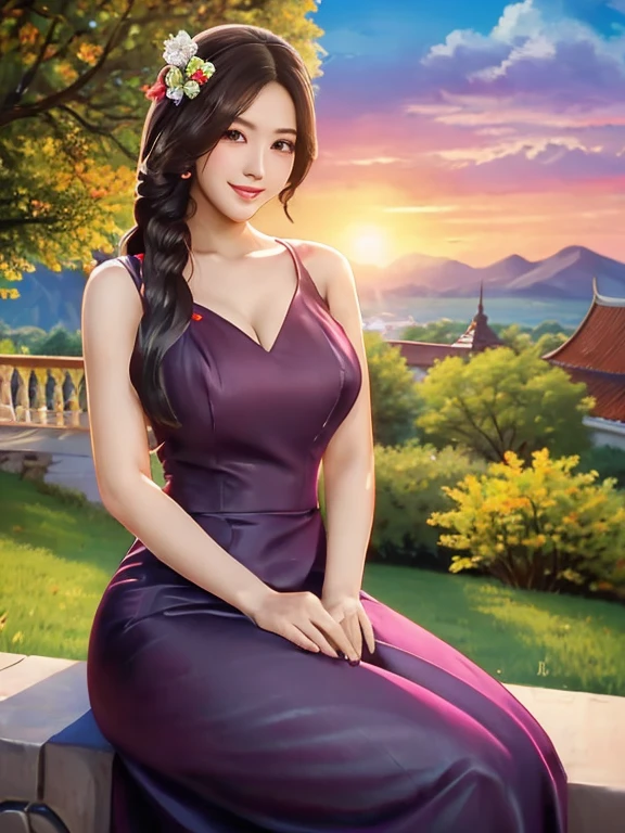 masterpiece, best quality, girl, solo, ((mature female)),, long hair, hair, princess, black dress(dress) (golden dress) fantasy, happy, looking at viewer, cartoon, anime, (oil painting)Burmese girl, 18 years old, Bagan pagoda view background, clear Hd 8k