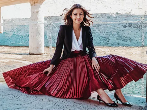 A smiling, authentic, (shy:1,3), kind, beautiful woman, sitting alone in an empty space station, madly in love with her skirt, sitting while wind lifts her skirt, wearing short blazer and very very detailed (long (fully pleated) full circle skirt) and (sim...