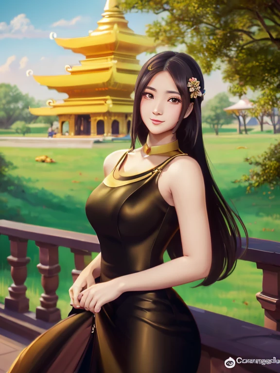 masterpiece, best quality, girl, solo, ((mature female)),, long hair, hair, princess, black dress(dress) (golden dress) fantasy, happy, looking at viewer, cartoon, anime, (oil painting)Burmese girl, 18 years old, Bagan pagoda view background, clear Hd 8k