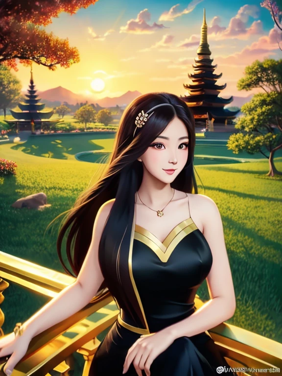 obra de arte, melhor qualidade, Garota, Sozinho, ((mulher madura)),, long cabelo, cabelo, princess, black vestir(vestir) (golden vestir) fantasia, feliz, Olhando para o visualizador, Desenho animado, anime, (pintura a óleo)Burmese Garota, 1, Fundo de visualização do gráfico de pagode, limpar HD 8k