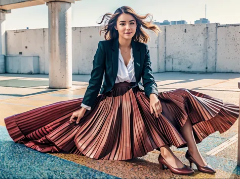 A smiling, authentic, (shy:1,3), kind, beautiful woman, sitting alone in an empty space station, madly in love with her skirt, sitting while wind lifts her skirt, wearing short blazer and very very detailed (long (fully pleated) full circle skirt) and (sim...