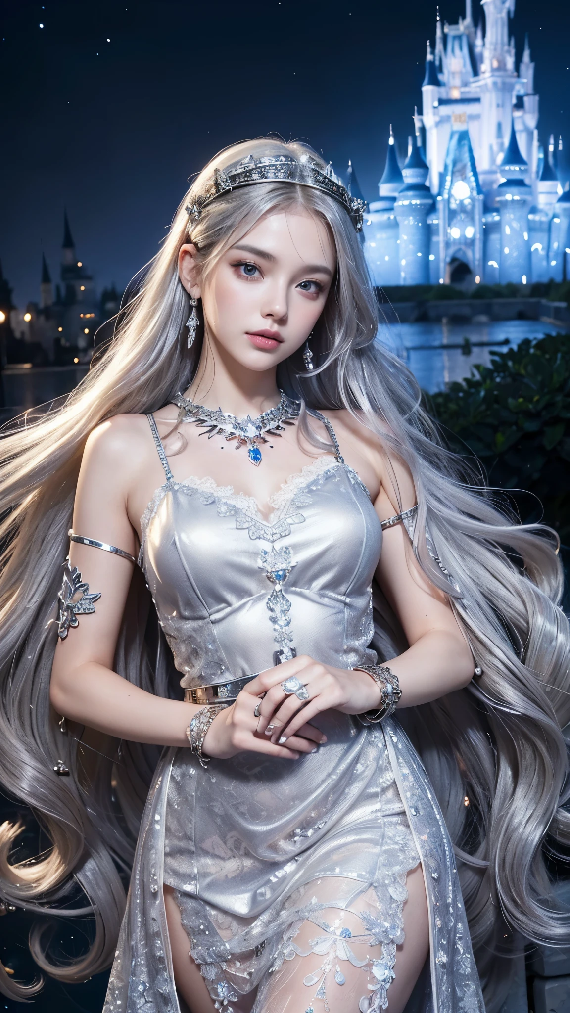 8K, ultra HD, masterpiece, realistic, 1 girl, good face, smoggy makeup, very long hair, princess hairstyle, detailed eyes, detailed lips, medium figure, very detailed dress, (silver dress:1.5), (strap:1.5), (lace:1.5), (net stocking:1), (jewelry:1.8), (disney castle), night sky, water, bloom lighting, night lighting, darkness, attractive poses,