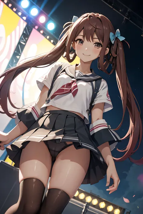 Asagumo KC, (hair) ribbon, underwear, panties,  headset, sing, shoes, 長hair, twin tails, 茶hair, full body shot, Low - Angle, smile, front, (outdoor, outdoor stage, on stage, audience),
