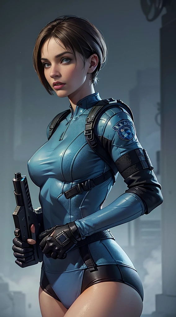 (Höchste Bildqualität, Hervorragende Details, ultrahohe Auflösung), (Jill Valentine: 1.4), favor details, stark komprimiert 1 schönes versautes Mädchen, mit einem zarten und schönen Gesicht, ((Cowboy-Schuss)), (Pummelig:0.4), (trägt blauen Rennanzug mag Polizeiuniform, schwarz und grau Mecha, trägt Militärgeschirr, ein Maschinengewehr halten), Hintergrund Waschbär Stadt,