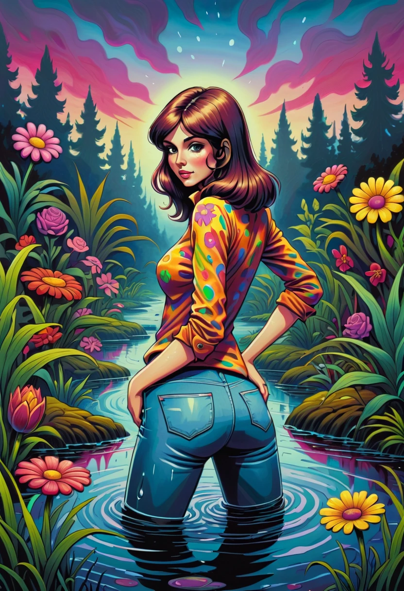 (cartoon,masterpiece:1.2), 70s setting, woman, wearing soaking wet muddy jeans, experiences sexual tension, drowning in bog, colorful psychedelic patterns, retro atmosphere, dark ambiance, seduces with her ass in jeans, oil painting, detailed flowing water, vibrant plants and flowers