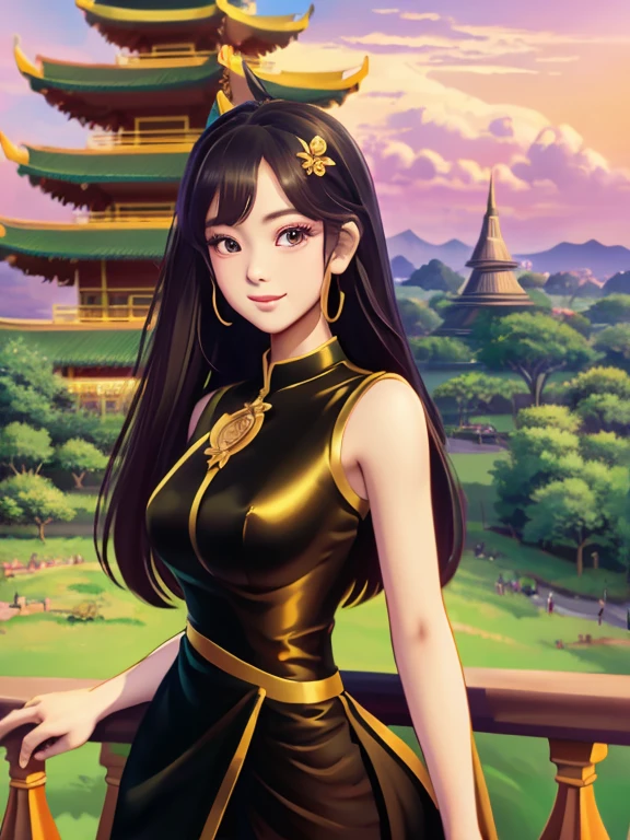 masterpiece, best quality, girl, solo, ((mature female)),, long hair, hair, princess, black dress(dress) (golden dress) fantasy, happy, looking at viewer, cartoon, anime, (oil painting)Burmese girl, 18 years old, Bagan pagoda view background, clear Hd 8k