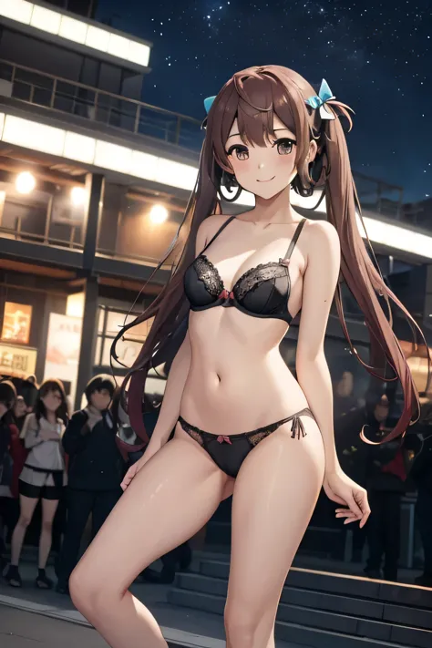 Asagumo KC, (hair) ribbon, Completely naked, underwear:1.5, panties:1.5, good:1.5, headset, underwear姿で歌う, shoes, 長hair, twin tails, 茶hair, full body shot, audience席から見上げる, smile, front, (outdoor, outdoor stage:1.5, on stage, night, audience),