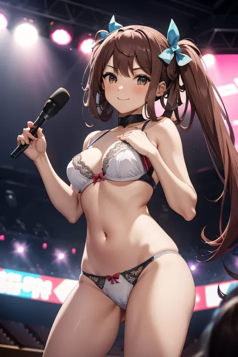 Asagumo KC, (hair) ribbon, Completely naked, underwear:1.5, panties:1.5, good:1.5, big breasts, headset, underwear姿で歌う, shoes, 長hair, twin tails, 茶hair, full body shot, Looking up from the audience, smile, front, (Event Venues, stage, on stage, Packed crow...