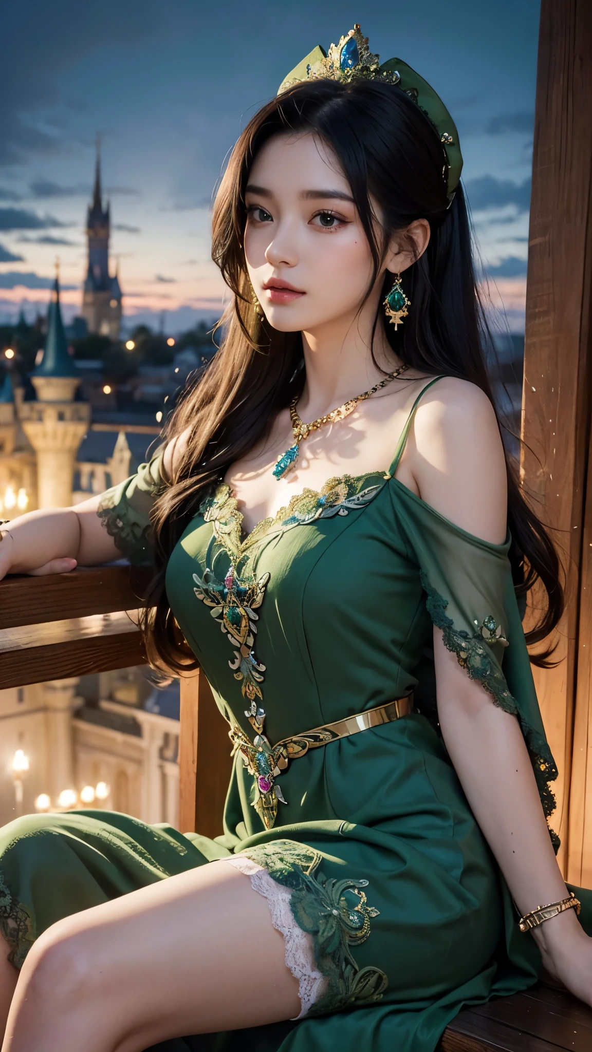 8K, ultra HD, masterpiece, realistic, 1 girl, good face, smoggy makeup, very long hair, princess hairstyle, detailed eyes, detailed lips, medium figure, very detailed dress, (green dress:1.5), (strap:1.5), (lace:1.5), (net stocking:1), (jewelry:1.8), ((disney castle)), night sky, water, bloom lighting, night lighting, darkness, sitting,