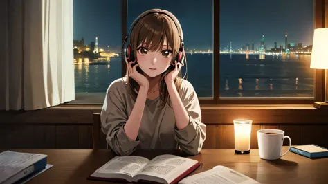 masterpiece, highest quality, High resolution, Achinatsu, medium hair, Girl studying in a cozy room at night, Use headphones, 2D anime style, dark environment