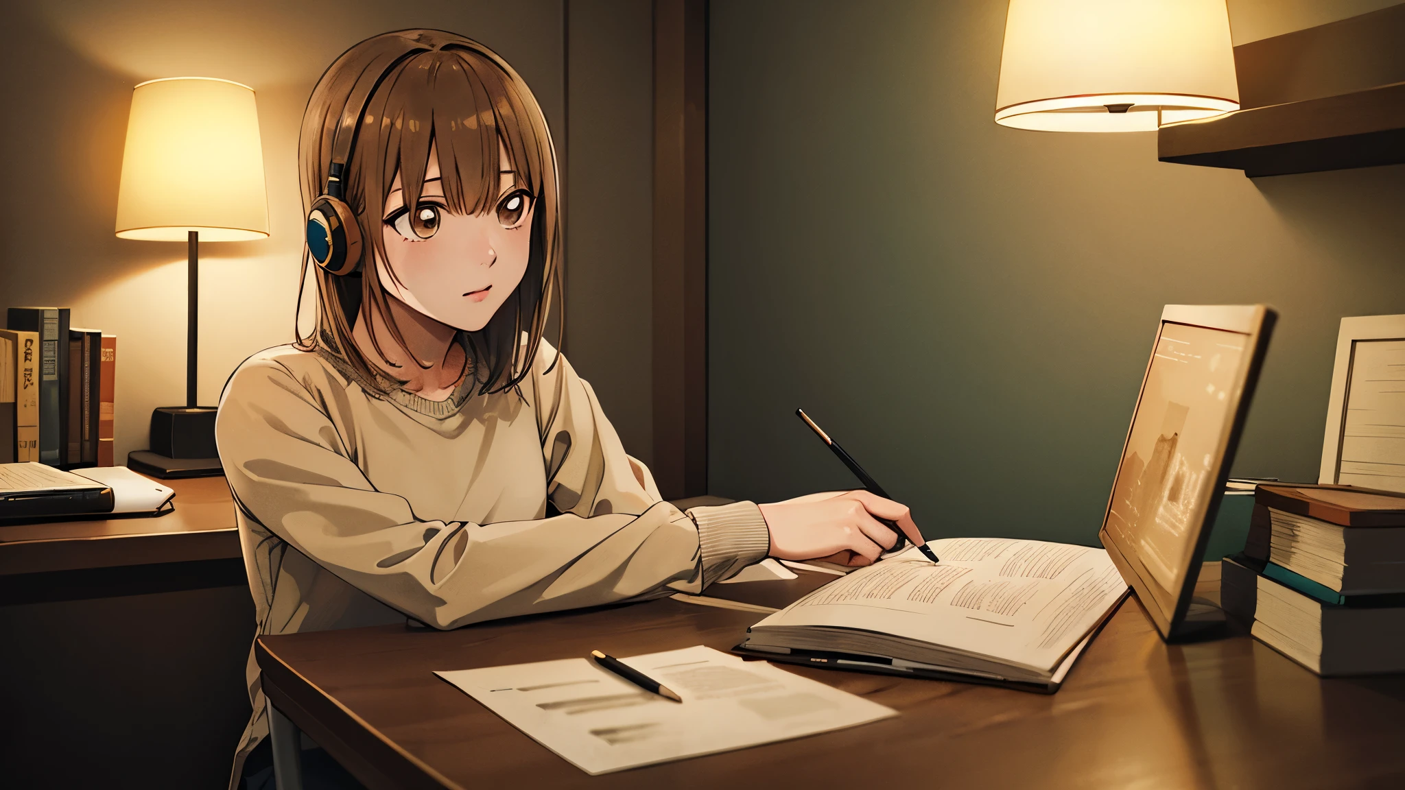 masterpiece, highest quality, High resolution, Achinatsu, medium hair, Girl studying in a cozy room at night, Use headphones, 2D anime style, dark environment