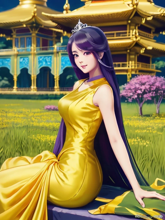 chef-d&#39;œuvre, Meilleure qualité, fille, seulement, ((femelle mature)),, long cheveux, cheveux, princesse,(supérieur jaune inférieur violet) silk robe black robe(robe) (golden robe) fantaisie, heureux, regarder le spectateur, dessin animé, animé, (peinture à l&#39;huile)Burmese fille, 1, Arrière-plan de la vue graphique de la pagode, clair Hd 8k