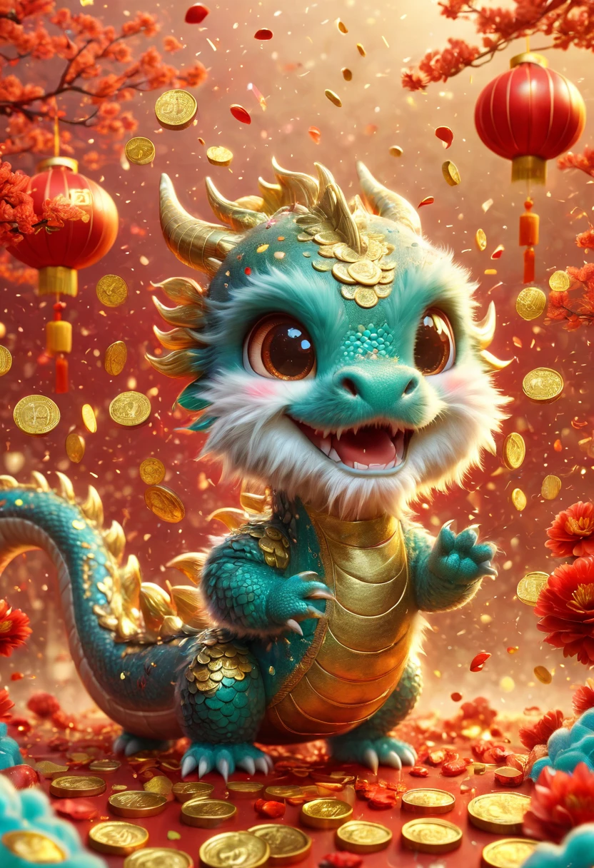 Chinese Lunar New Year has arrived，baby oriental dragon，cyan furry body，Warm，Many gold coins burst out from firecrackers，Red and gold confetti flying in the sky，Gold coin rain，A strong festive atmosphere，It was lively。