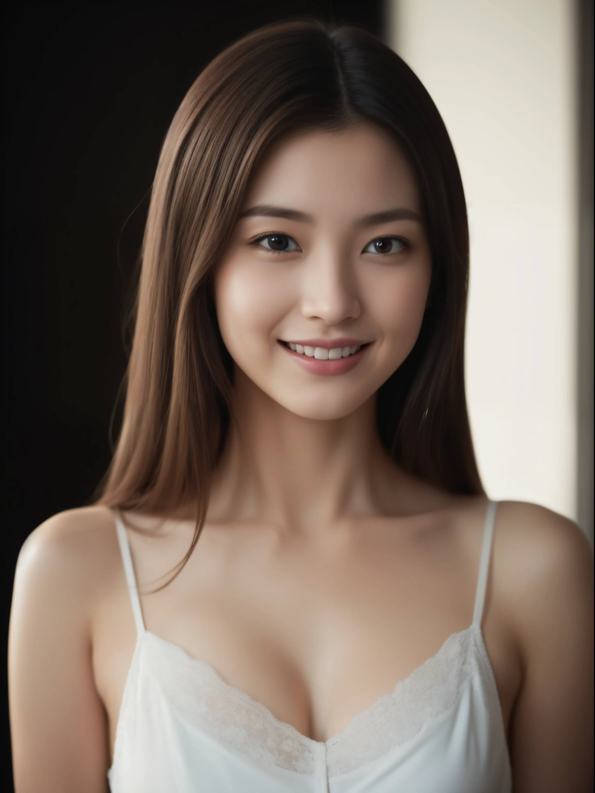 beautiful 25 year old woman。she is wearing a satin camisole。Lace on the  chest and