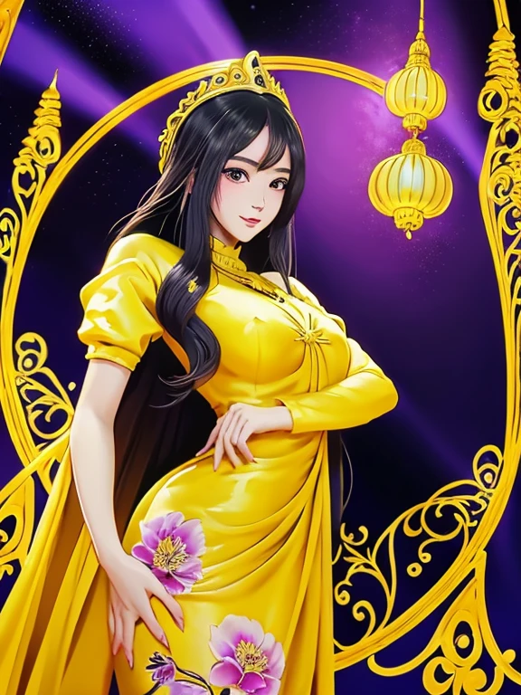 masterpiece, best quality, girl, solo, ((mature female)),, long hair, hair, princess,(upper yellow lower purple) silk dress black dress(dress) (golden dress) fantasy, happy, looking at viewer, cartoon, anime, (oil painting)Burmese girl, 18 years old, Bagan pagoda view background, clear Hd 8k