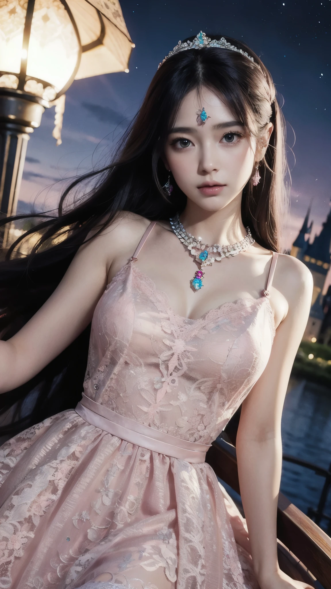 8K, ultra HD, masterpiece, realistic, 1 girl, good face, smoggy makeup, very long hair, princess hairstyle, detailed eyes, detailed lips, medium figure, very detailed dress, (pink dress:1.5), (strap:1.5), (lace:1.5), (net stocking:1), (jewelry:1.8), ((disney castle)), night sky, water, bloom lighting, night lighting, darkness, attractive poses,