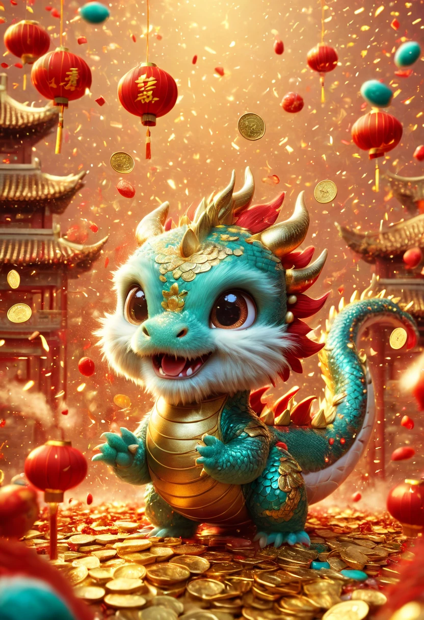 Chinese Lunar New Year has arrived，baby oriental dragon，cyan furry body，Warm，Many gold coins burst out from firecrackers，Red and gold confetti flying in the sky，（Gold coin rain），A strong festive atmosphere，It was lively。