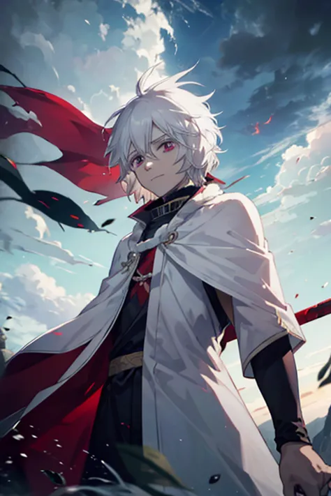 a white haired king with red eyes is raising a blade into the stormy sky