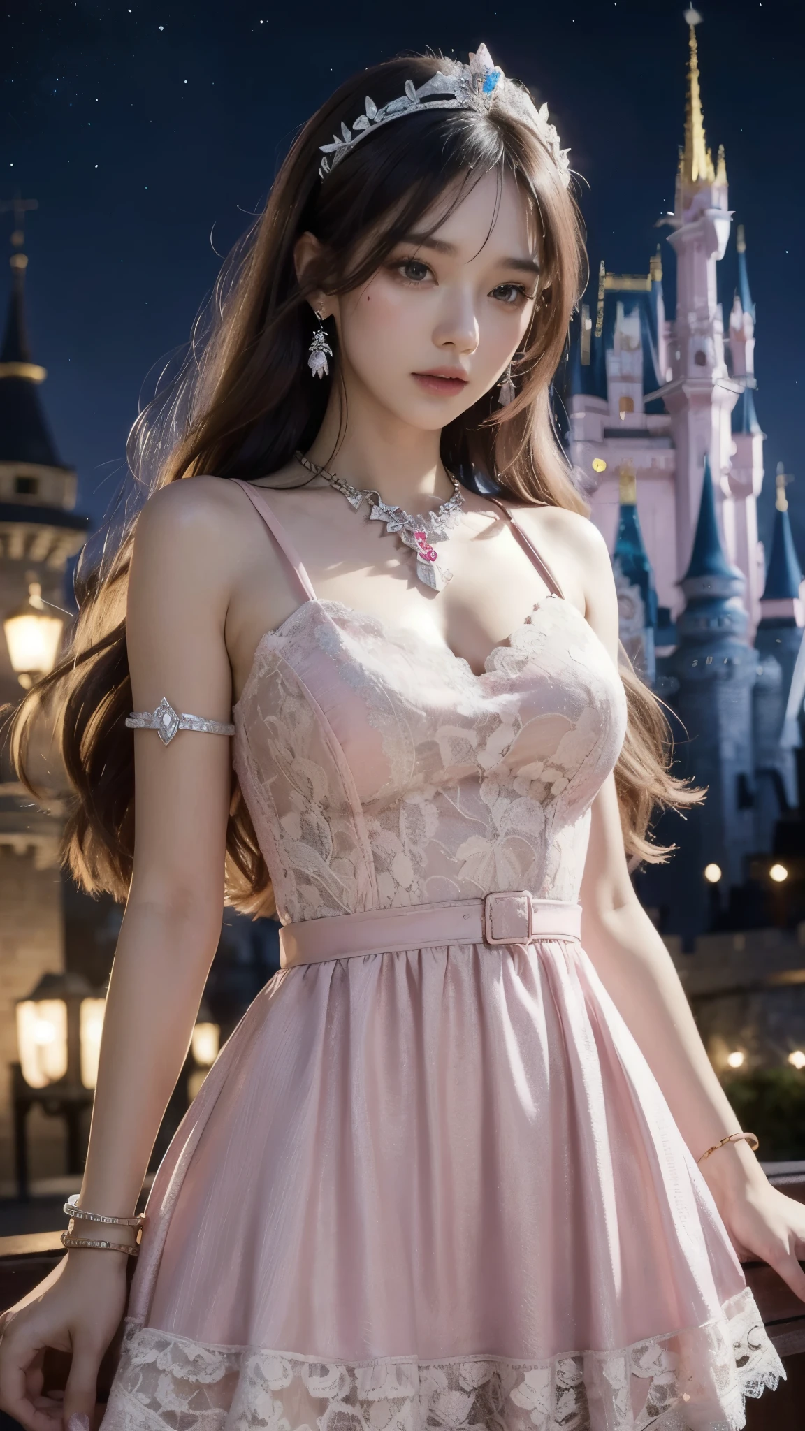 8K, ultra HD, masterpiece, realistic, 1 girl, good face, smoggy makeup, very long hair, princess hairstyle, detailed eyes, detailed lips, medium figure, very detailed dress, (pink dress:1.5), (strap:1.5), (lace:1.5), (net stocking:1), (jewelry:1.8), ((disney castle)), night sky, water, bloom lighting, night lighting, darkness, attractive poses,