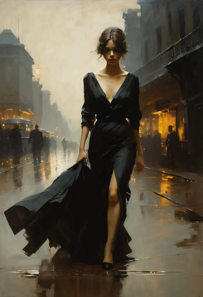 Beautiful cinematic Impressionistic painting, Dark Dramatic Character, in the style of Jeremy Mann and Charles Dana Gibson, Mark...