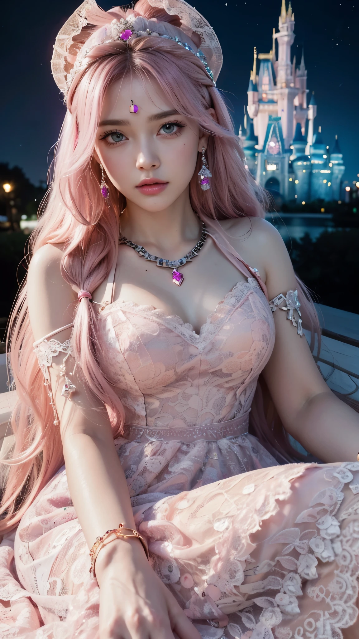 8K, ultra HD, masterpiece, realistic, 1 girl, good face, smoggy makeup, very long hair, princess hairstyle, detailed eyes, detailed lips, medium figure, very detailed dress, (pink dress:1.5), (strap:1.5), (lace:1.5), (net stocking:1), (jewelry:1.8), ((disney castle)), night sky, water, bloom lighting, night lighting, darkness, attractive poses, sitting,