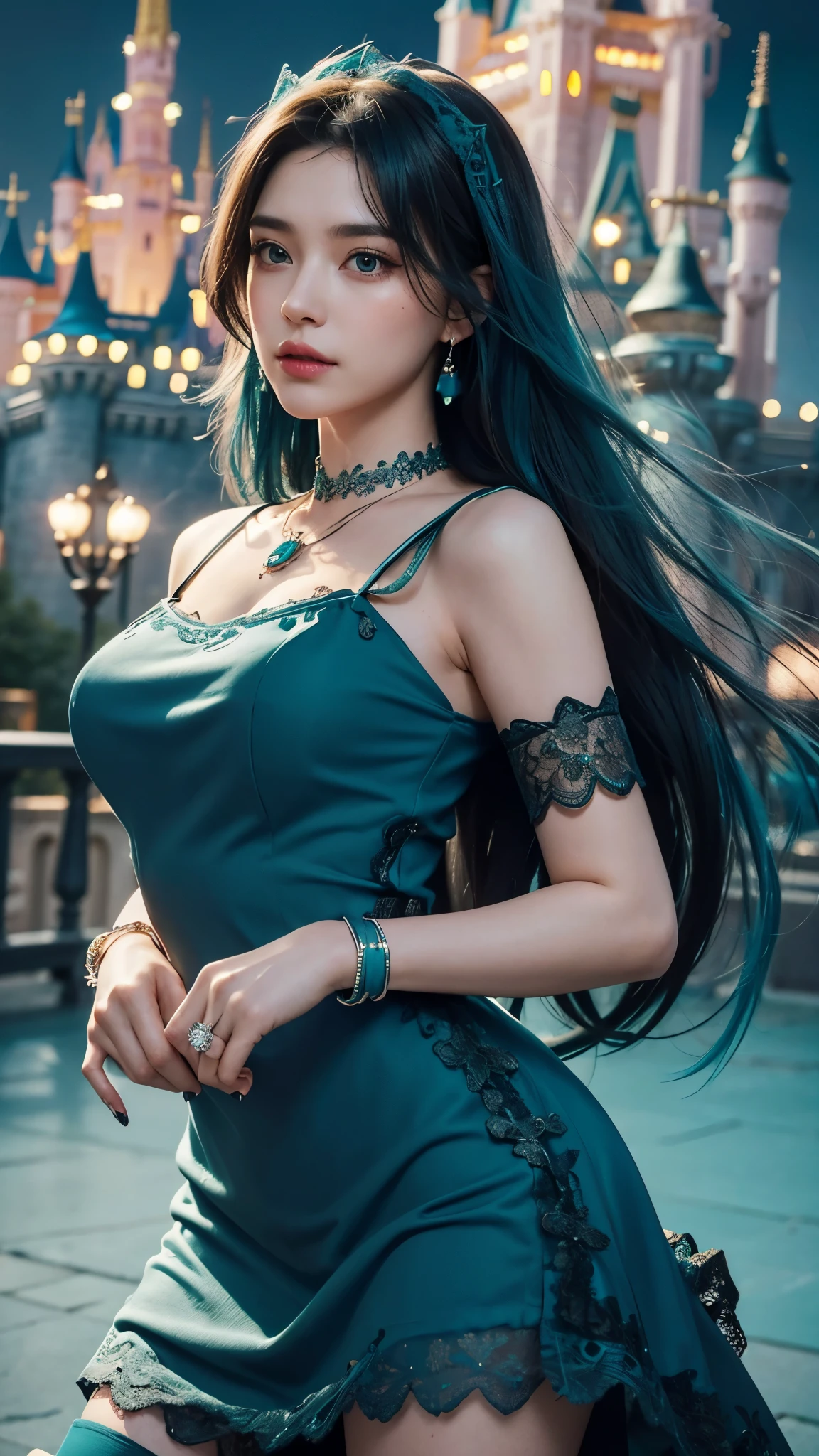 8K, ultra HD, masterpiece, realistic, 1 girl, good face, smoggy makeup, very long hair, princess hairstyle, detailed eyes, detailed lips, medium figure, very detailed dress, (teal dress:1.5), (strap:1.5), (lace:1.5), (net stocking:1), (jewelry:1.8), ((disney castle)), night sky, water, bloom lighting, night lighting, darkness, attractive poses,