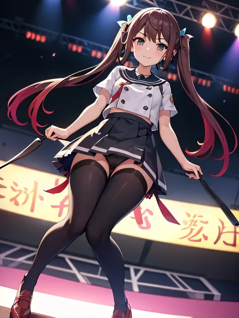 Asagumo KC, (hair) ribbon, underwear, pants, shoes, 長hair, twin tails, 茶hair, full body shot, Low - Angle, smile, front, (outdoor, outdoor stage, on stage, audience),