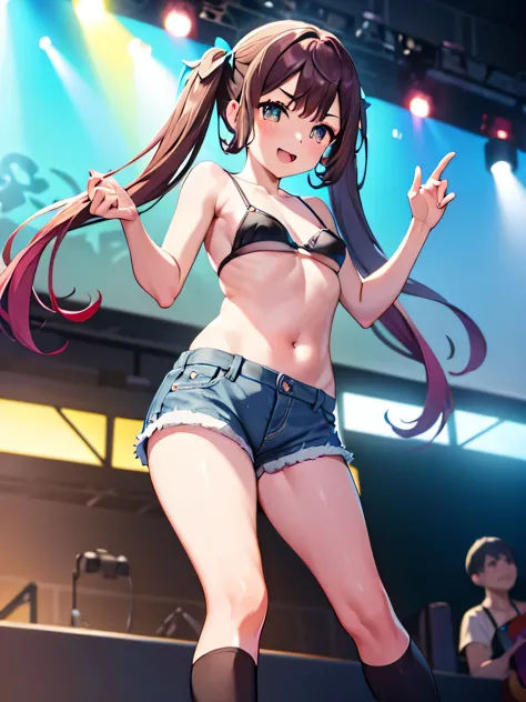 Asagumo KC, (hair) ribbon, nude, underwear, bra, denim shorts, shoes, 長hair, twin tails, 茶hair, full body shot, Low - Angle, smile, front, (outdoor, outdoor stage, on stage, audience),