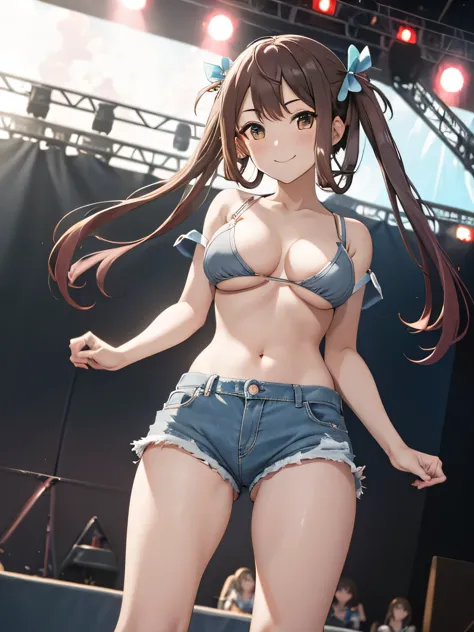 Asagumo KC, (hair) ribbon, nude, big breasts, underwear, bra, denim shorts, shoes, 長hair, twin tails, 茶hair, full body shot, Low - Angle, smile, front, (outdoor, outdoor stage, on stage, audience),