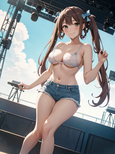 Asagumo KC, (hair) ribbon, nude, big breasts, underwear, white brassiere, denim shorts, shoes, 長hair, twin tails, 茶hair, full body shot, Low - Angle, smile, front, (outdoor, outdoor stage, on stage, audience),